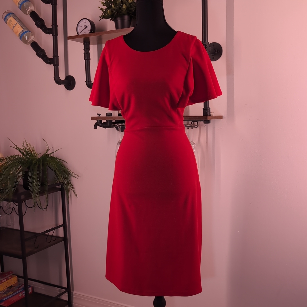 Elegant Enfocus Studio Flutter Sleeve Sheath in Red. Perfect for Office Siren.